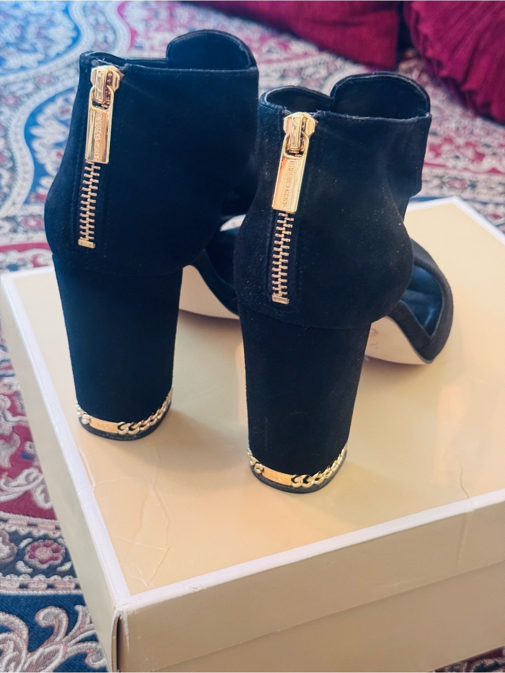 MICHAEL Michael Kors Black Suede Block Heel Sandals with Gold Chain Accent - Picture 2 of 8